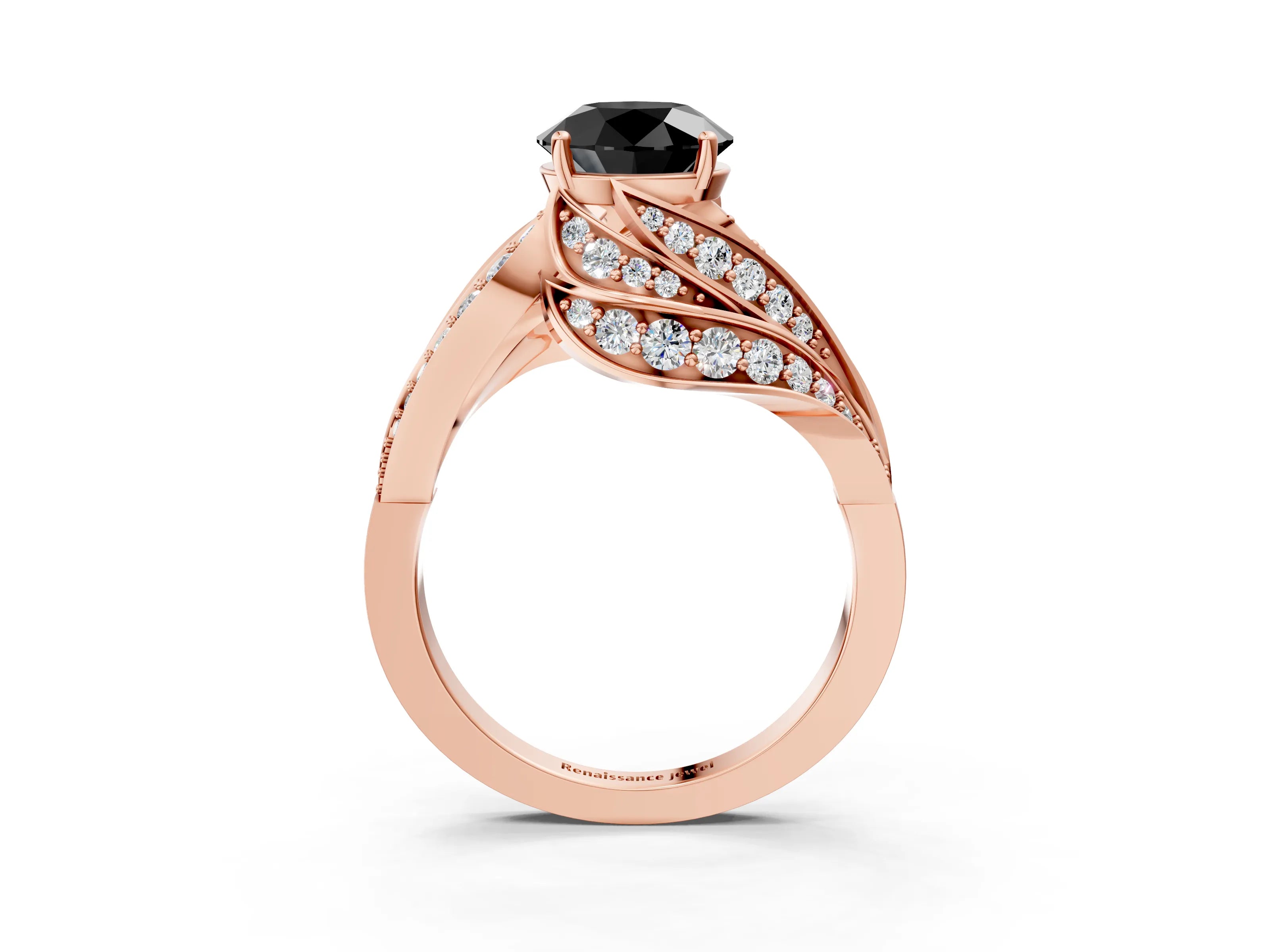 Rose gold Fancy Black Round Cut Diamond Solitaire Ring with Prong Setting and Twisted Pavé Band_3