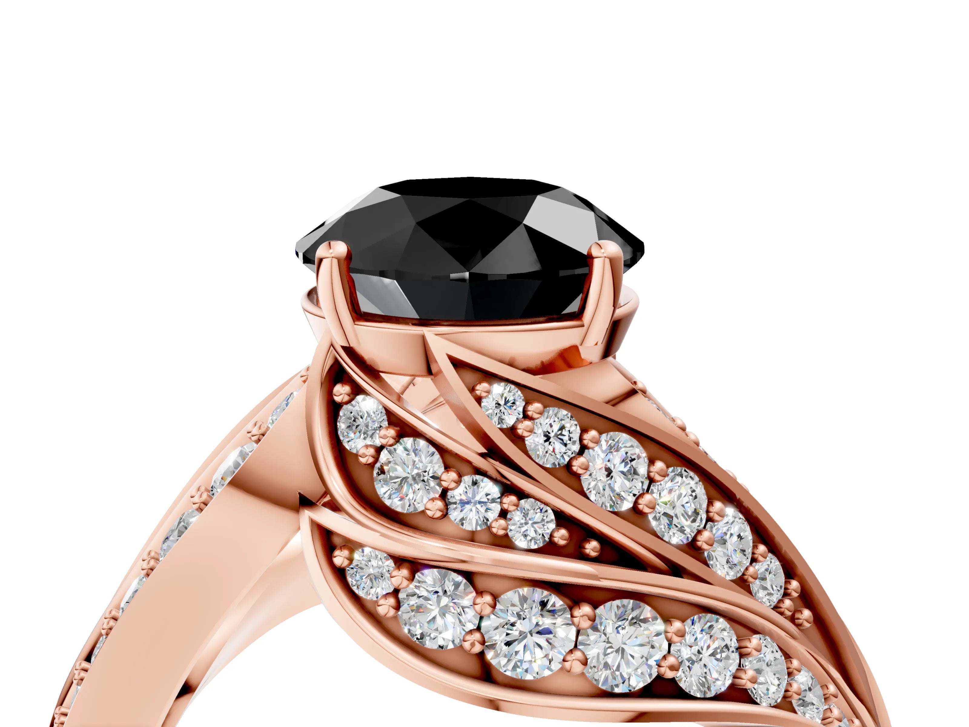 Rose gold Fancy Black Round Cut Diamond Solitaire Ring with Prong Setting and Twisted Pavé Band_4