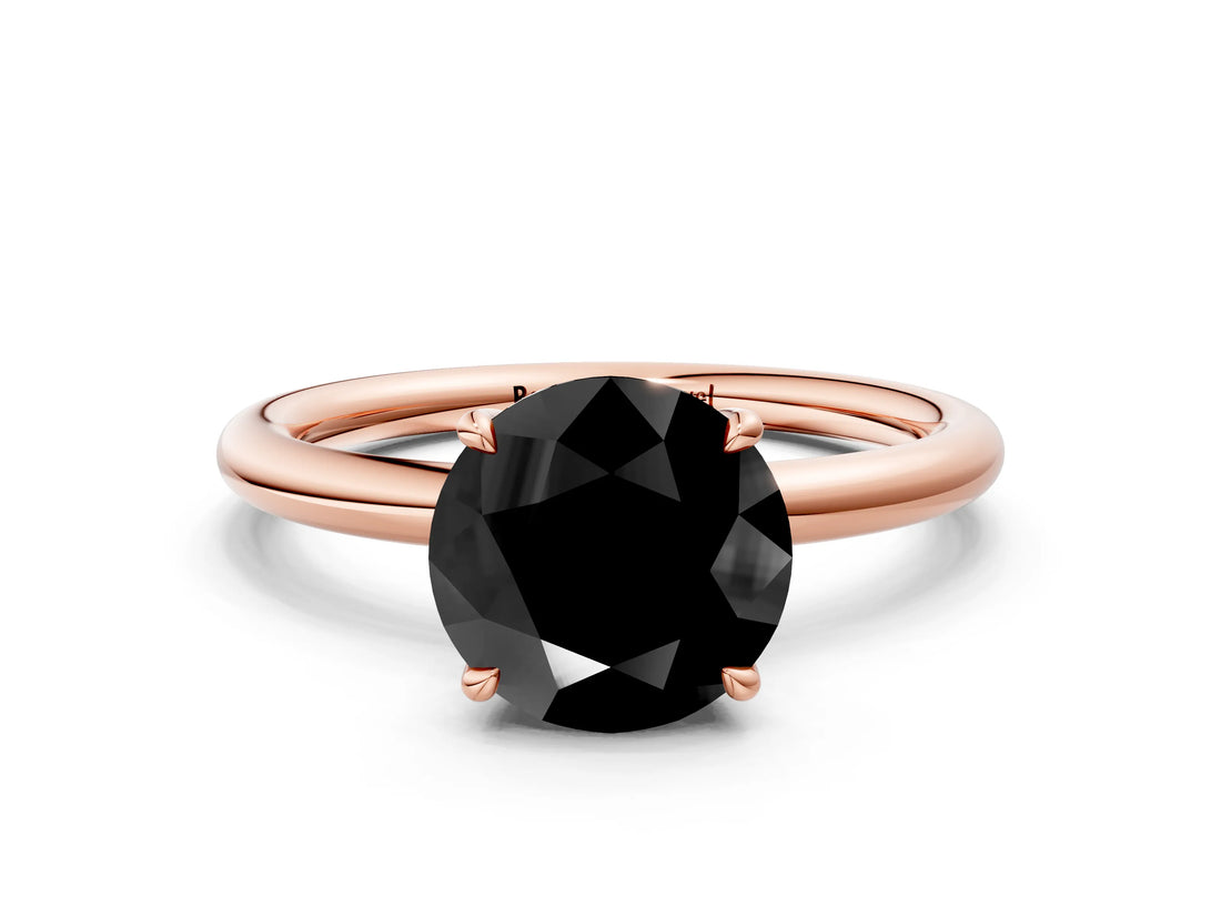 Rose gold Fancy Black Round Cut Diamond Solitaire Ring with Thin Band and Four-Prong Setting