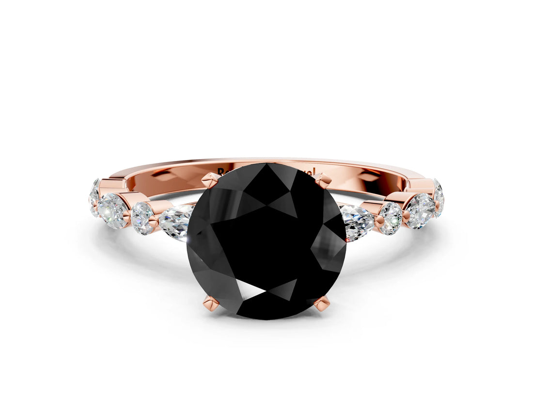 Rose gold Fancy Black Round Cut Diamond Solitaire with Side Stones on a Pavé Band and Four-Prong Setting