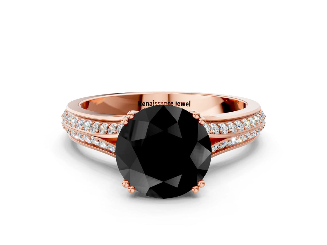 Rose gold Fancy Black Round Cut Diamond Split Shank Engagement Ring with Pavé Band