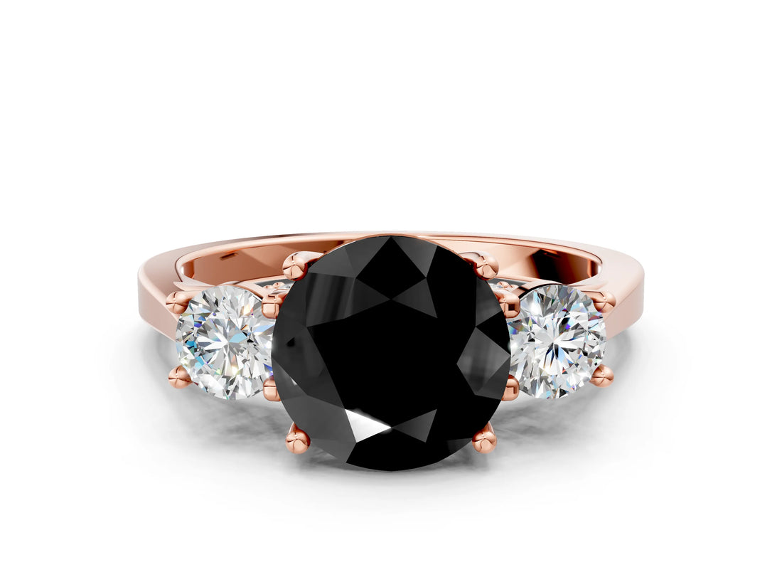 Rose gold Fancy Black Round Cut Diamond Three-Stone Engagement Ring with Prong Setting and Pavé Band