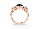 Rose gold Fancy Black Round Cut Diamond Three-Stone Halo Ring with Prong Setting and Pavé Accents_3