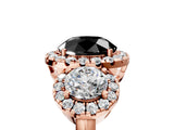Rose gold Fancy Black Round Cut Diamond Three-Stone Halo Ring with Prong Setting and Pavé Accents_5