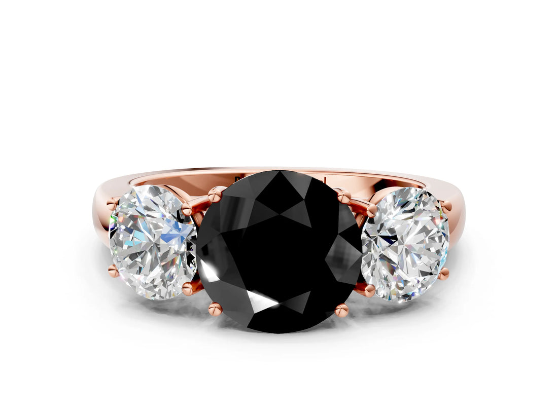 Rose gold Fancy Black Round Cut Diamond Three-Stone Ring with Four-Prong Setting and Classic Band