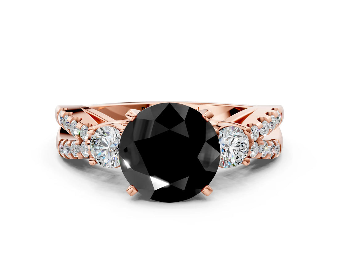 Rose gold Fancy Black Round Cut Diamond Three-Stone Ring with Pavé Split Shank and Four-Prong Setting