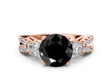 Rose gold Fancy Black Round Cut Diamond Three-Stone Ring with Pavé Split Shank and Four-Prong Setting