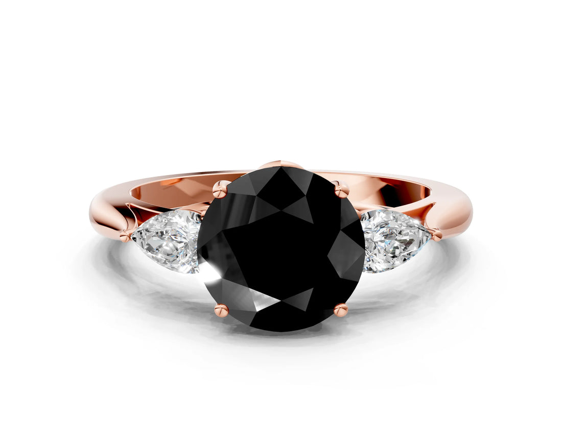 Rose gold Fancy Black Round Cut Diamond Three-Stone Ring with Pear Side Stones and Four-Prong Setting_24