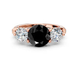 Rose gold Fancy Black Round Cut Diamond Three-Stone Ring with Prong Setting and Pavé Band