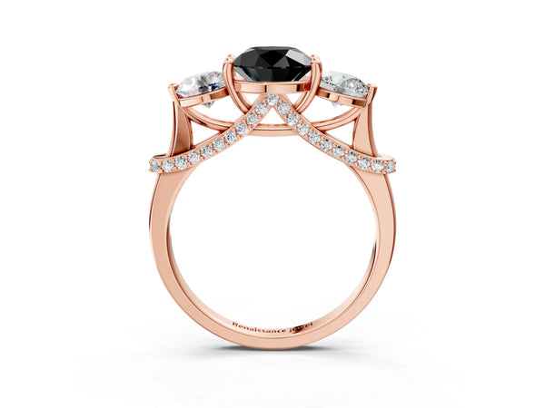 Rose Gold Round Curved Pave Three Stone Engagement Ring Setting for Black Center