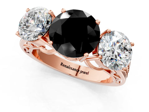 Rose gold Fancy Black Round Cut Diamond Three-Stone Ring with Prong Setting and Textured Band_1