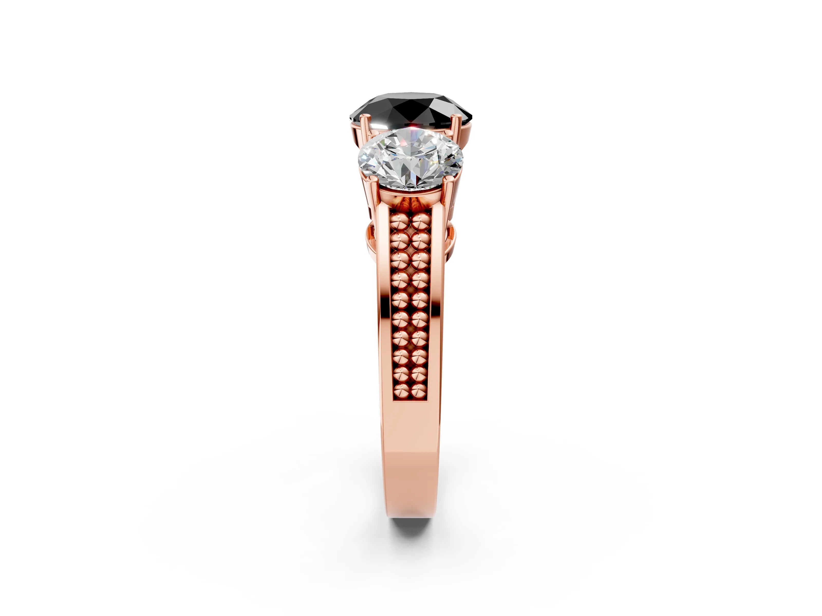 Rose gold Fancy Black Round Cut Diamond Three-Stone Ring with Prong Setting and Textured Band_2
