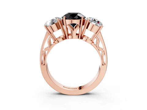 Rose gold Fancy Black Round Cut Diamond Three-Stone Ring with Prong Setting and Textured Band_3