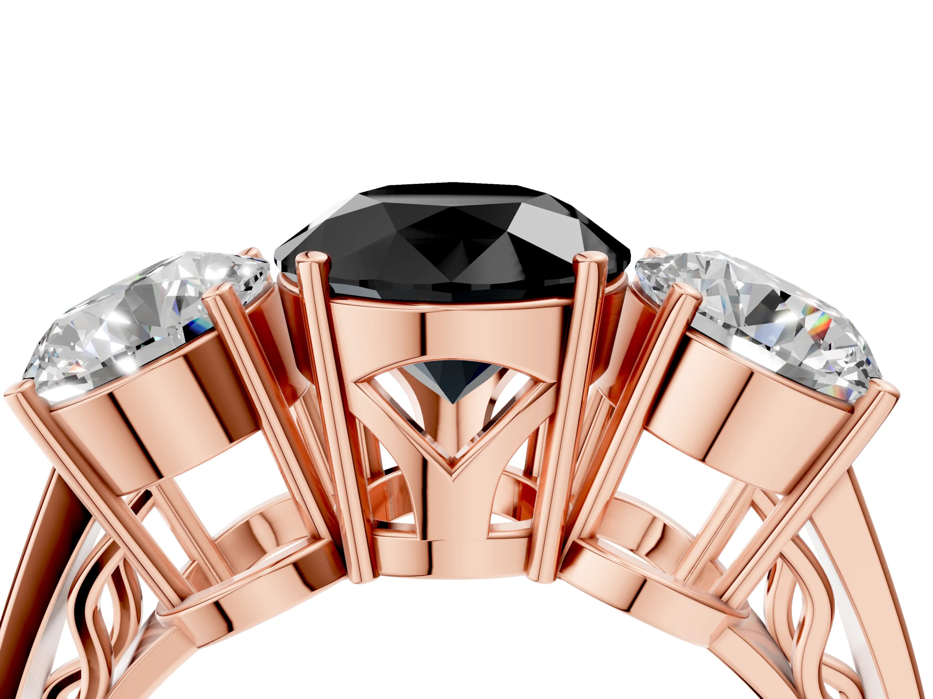 Rose gold Fancy Black Round Cut Diamond Three-Stone Ring with Prong Setting and Textured Band_4