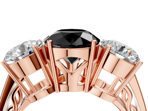 Rose gold Fancy Black Round Cut Diamond Three-Stone Ring with Prong Setting and Textured Band_4