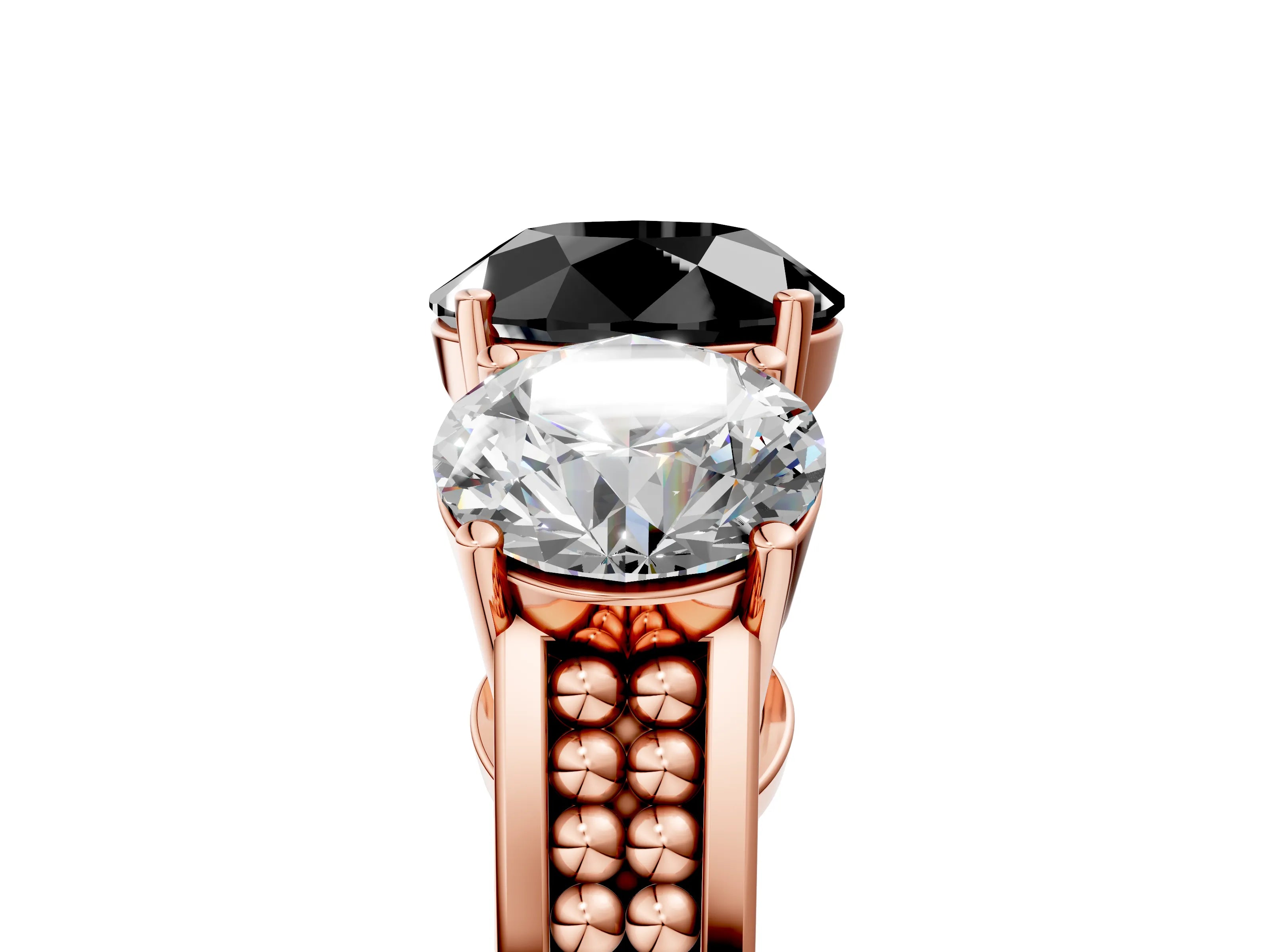 Rose gold Fancy Black Round Cut Diamond Three-Stone Ring with Prong Setting and Textured Band_5