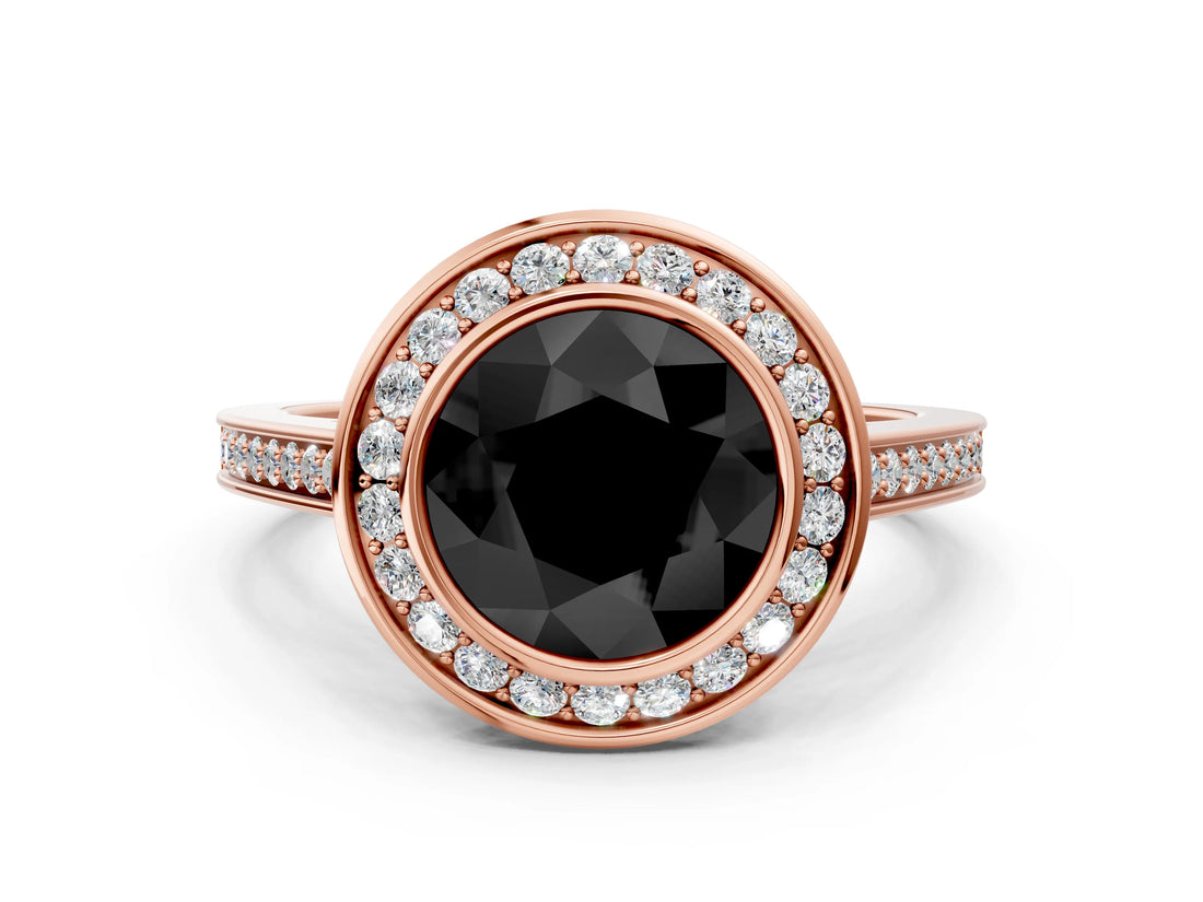 Rose gold Fancy Black Round Cut Halo Bezel Diamond Pave Band Ring