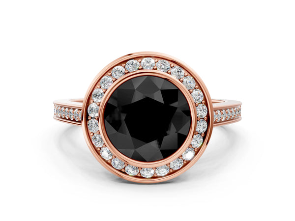 Rose gold Fancy Black Round Cut Halo Bezel Diamond Pave Band Ring