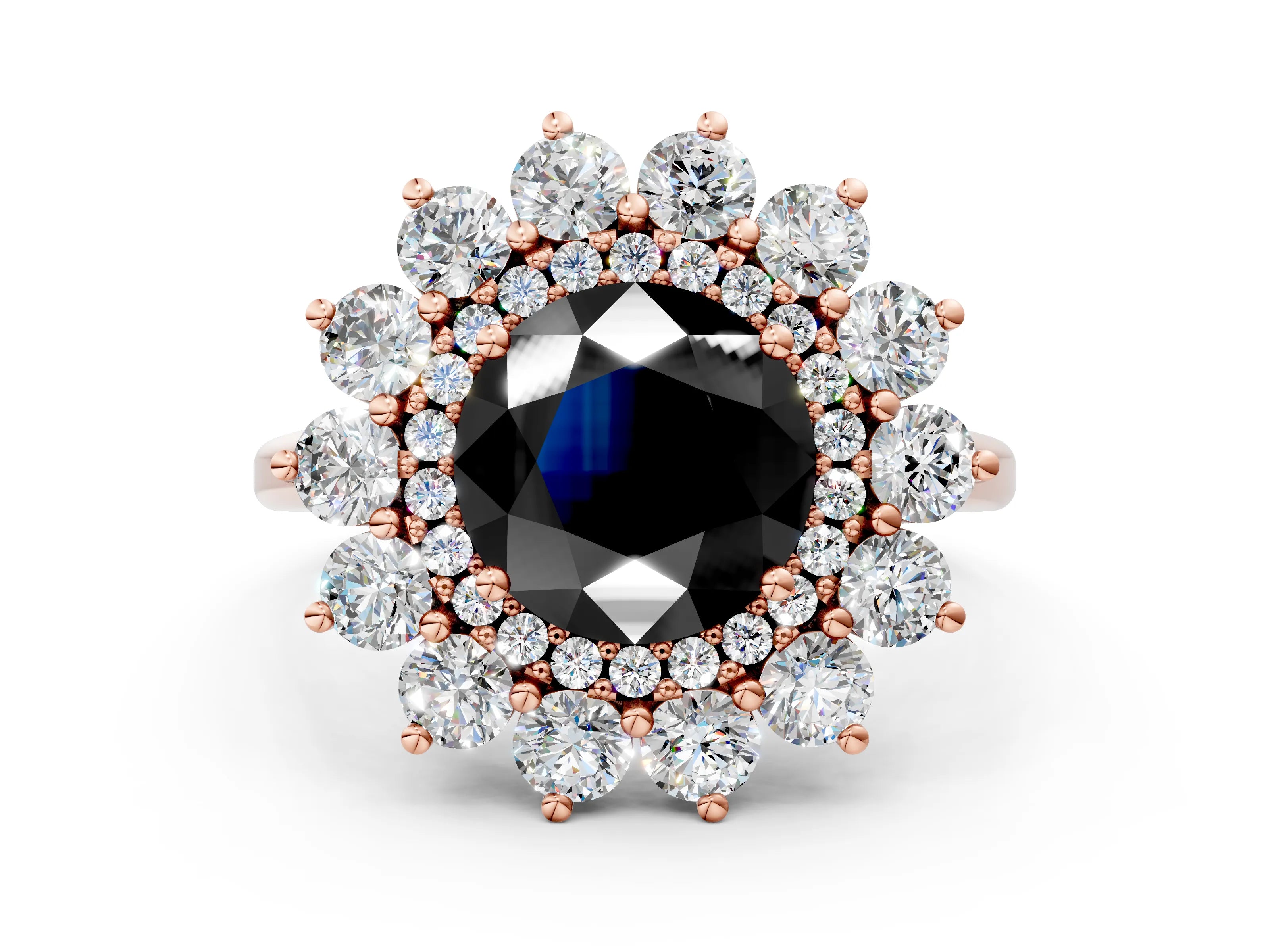 Rose gold Fancy Black Round Cut Halo Cluster Diamond Ring with Pave Band and Four-Prong Setting_12