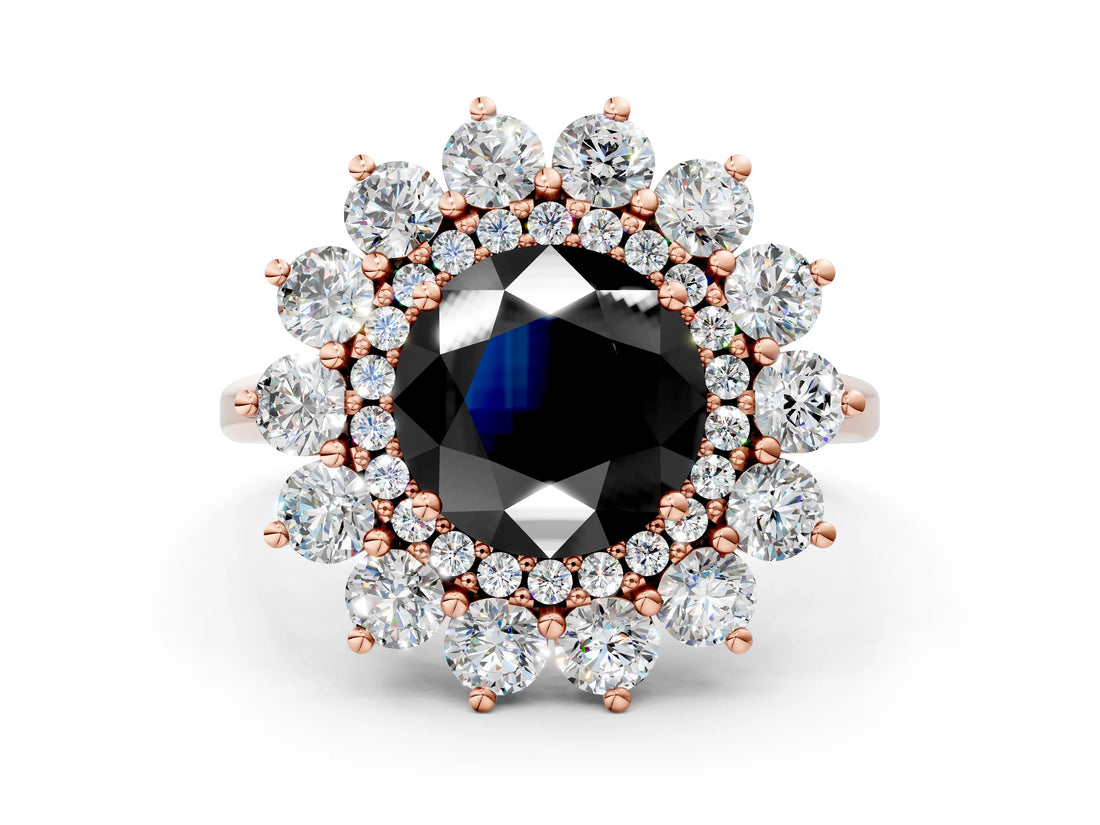 Rose gold Fancy Black Round Cut Halo Cluster Diamond Ring with Pave Band and Four-Prong Setting_12