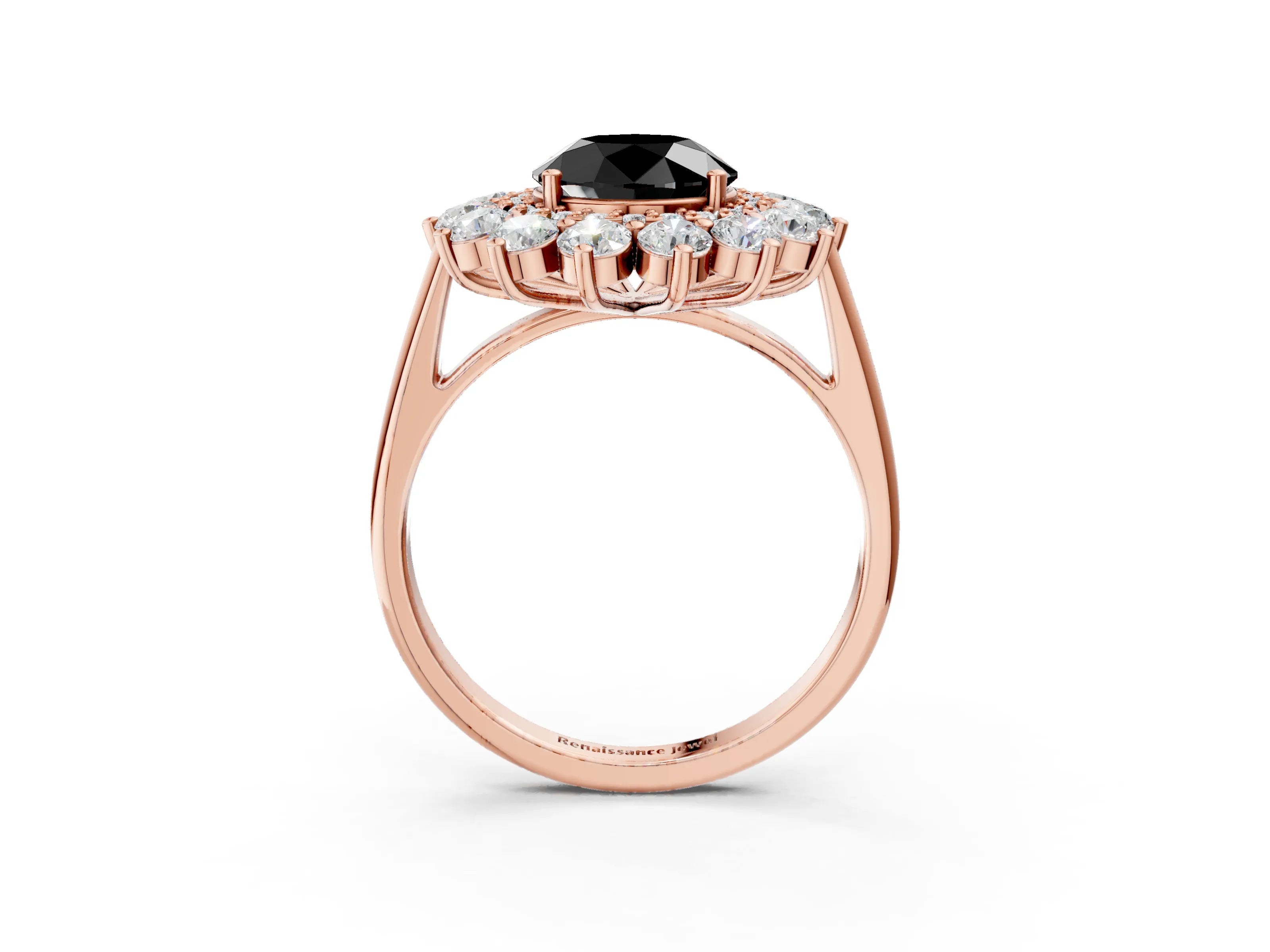 Rose gold Fancy Black Round Cut Halo Cluster Diamond Ring with Pave Band and Four-Prong Setting_15