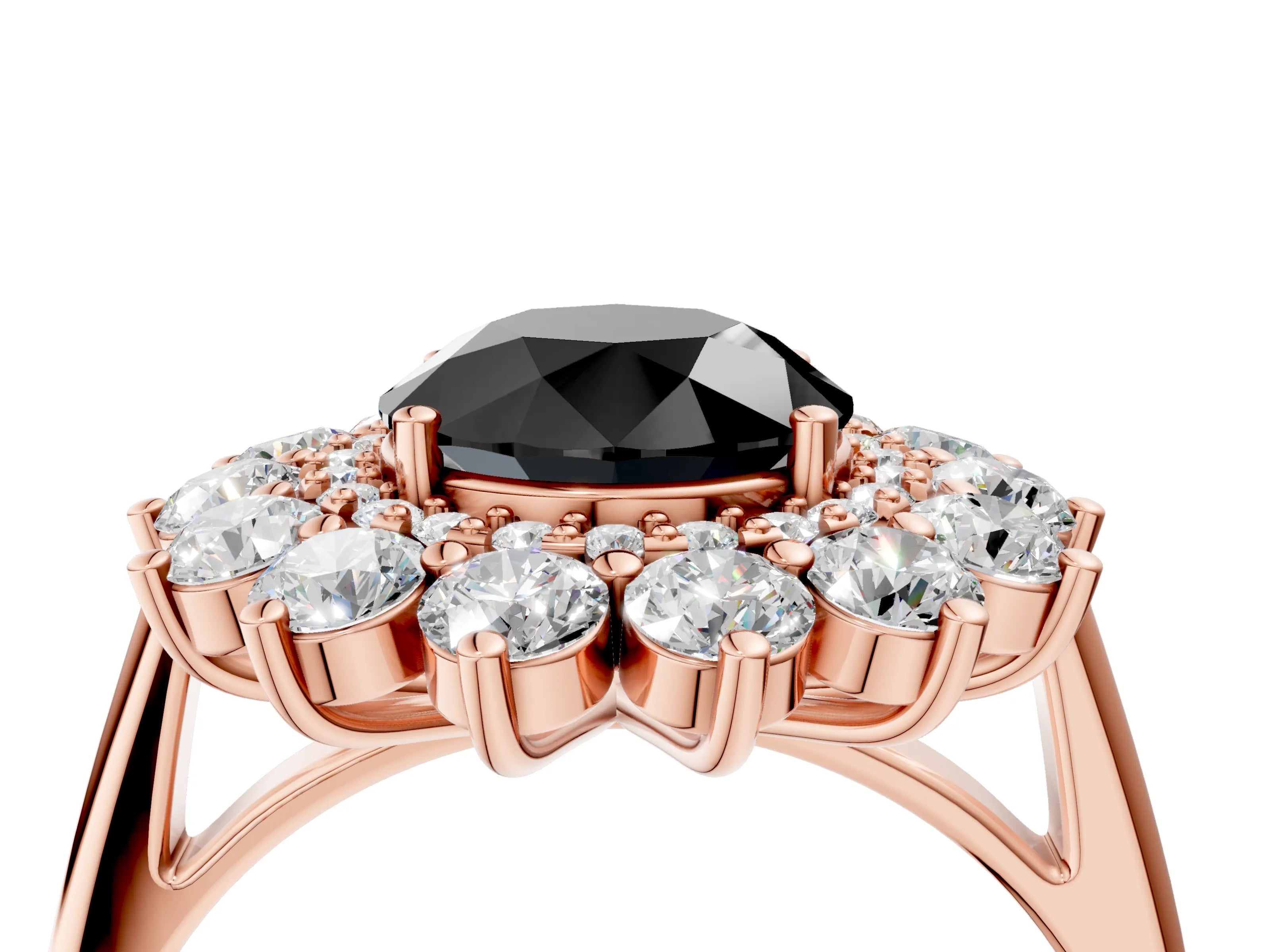 Rose gold Fancy Black Round Cut Halo Cluster Diamond Ring with Pave Band and Four-Prong Setting_16