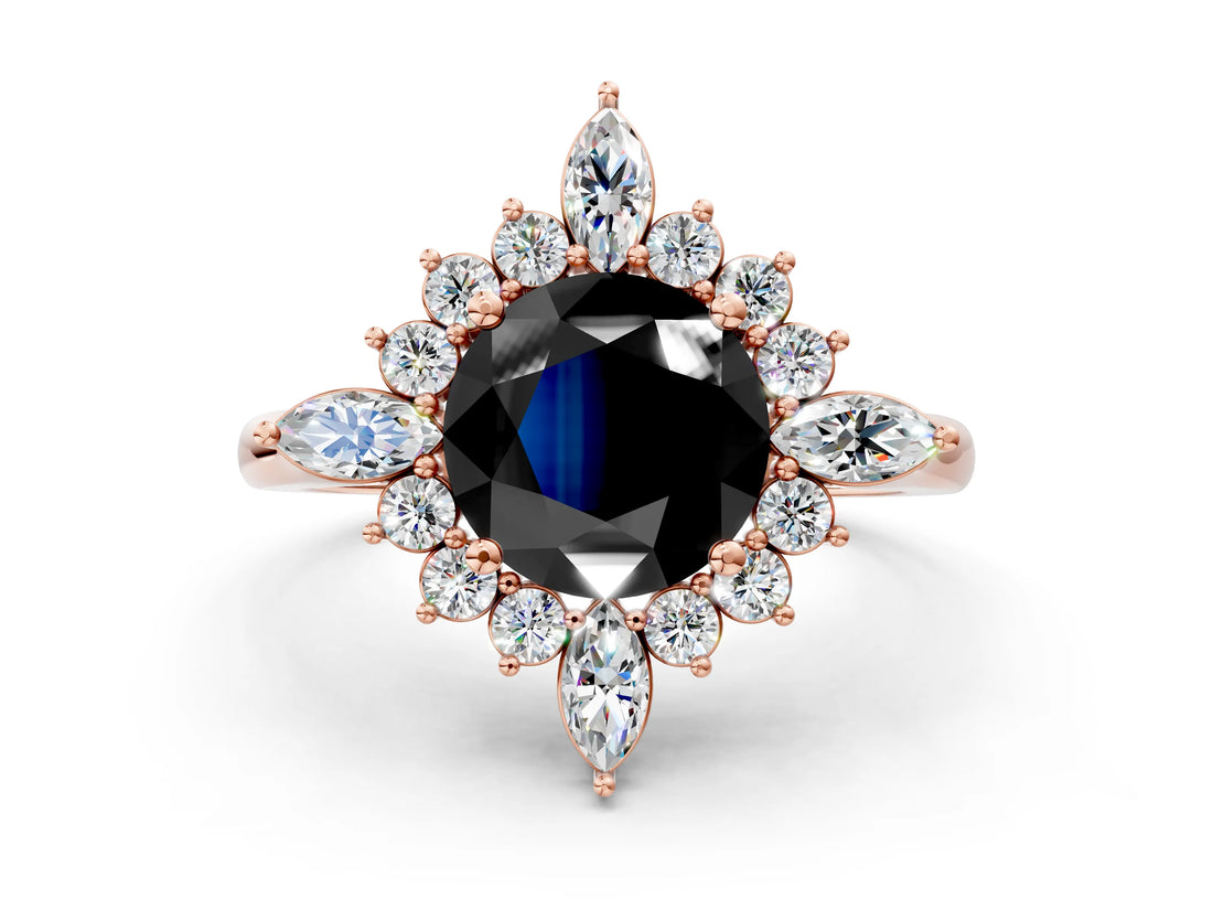 Rose gold Fancy Black Round Cut Halo Diamond Cluster Ring with Marquise and Round Stones on a White Gold Band with Prong Setting
