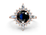 Rose gold Fancy Black Round Cut Halo Diamond Cluster Ring with Marquise and Round Stones on a White Gold Band with Prong Setting