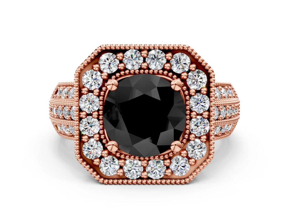 Rose gold Fancy Black Round Cut Halo Diamond Engagement Ring with Pave Split Shank and Four-Prong Setting