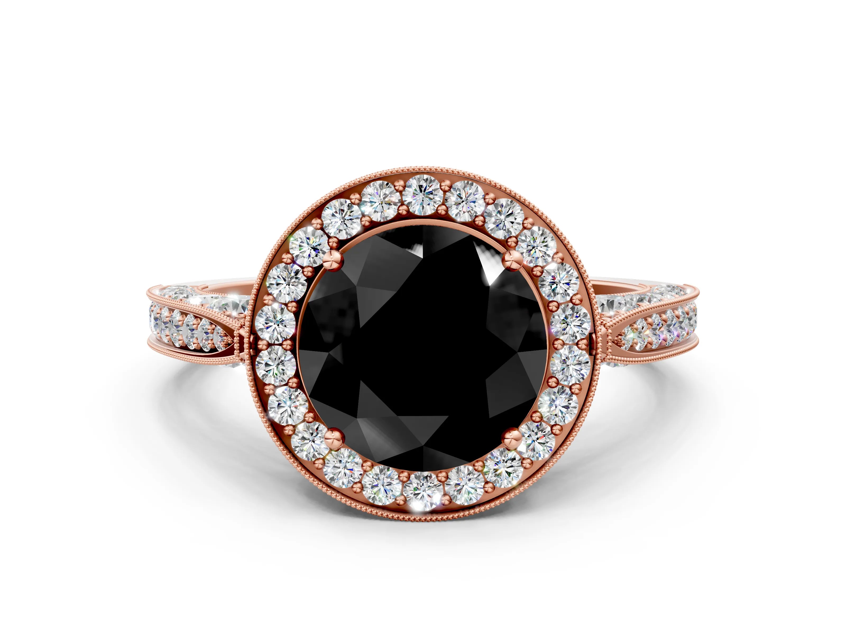 Rose gold Fancy Black Round Cut Halo Diamond Engagement Ring with Split Shank Band and Four-Prong Setting