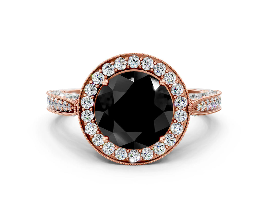 Rose gold Fancy Black Round Cut Halo Diamond Engagement Ring with Split Shank Band and Four-Prong Setting