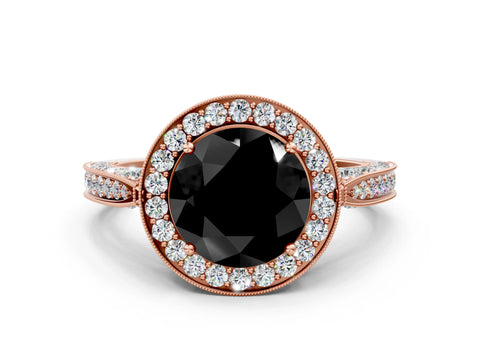 Rose gold Fancy Black Round Cut Halo Diamond Engagement Ring with Split Shank Band and Four-Prong Setting