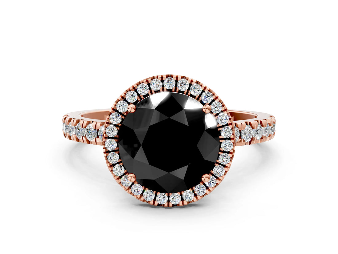 Rose gold Fancy Black Round Cut Halo Diamond Pave Band with Prong Setting