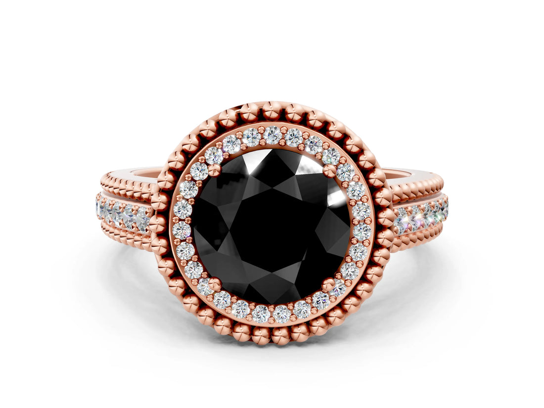 Rose gold Fancy Black Round Cut Halo Diamond Ring with Beaded Split Shank and Four-Prong Setting
