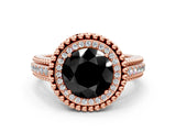 Rose gold Fancy Black Round Cut Halo Diamond Ring with Beaded Split Shank and Four-Prong Setting