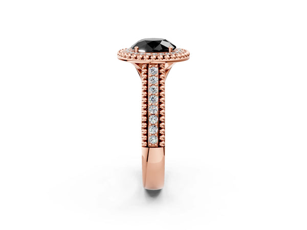 Rose Gold Round Beaded Halo Engagement Ring Setting for Black Center with Pave