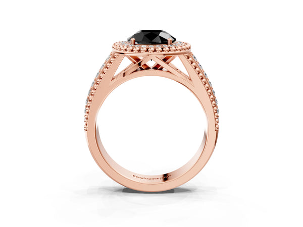 Rose Gold Round Beaded Halo Engagement Ring Setting for Black Center with Pave