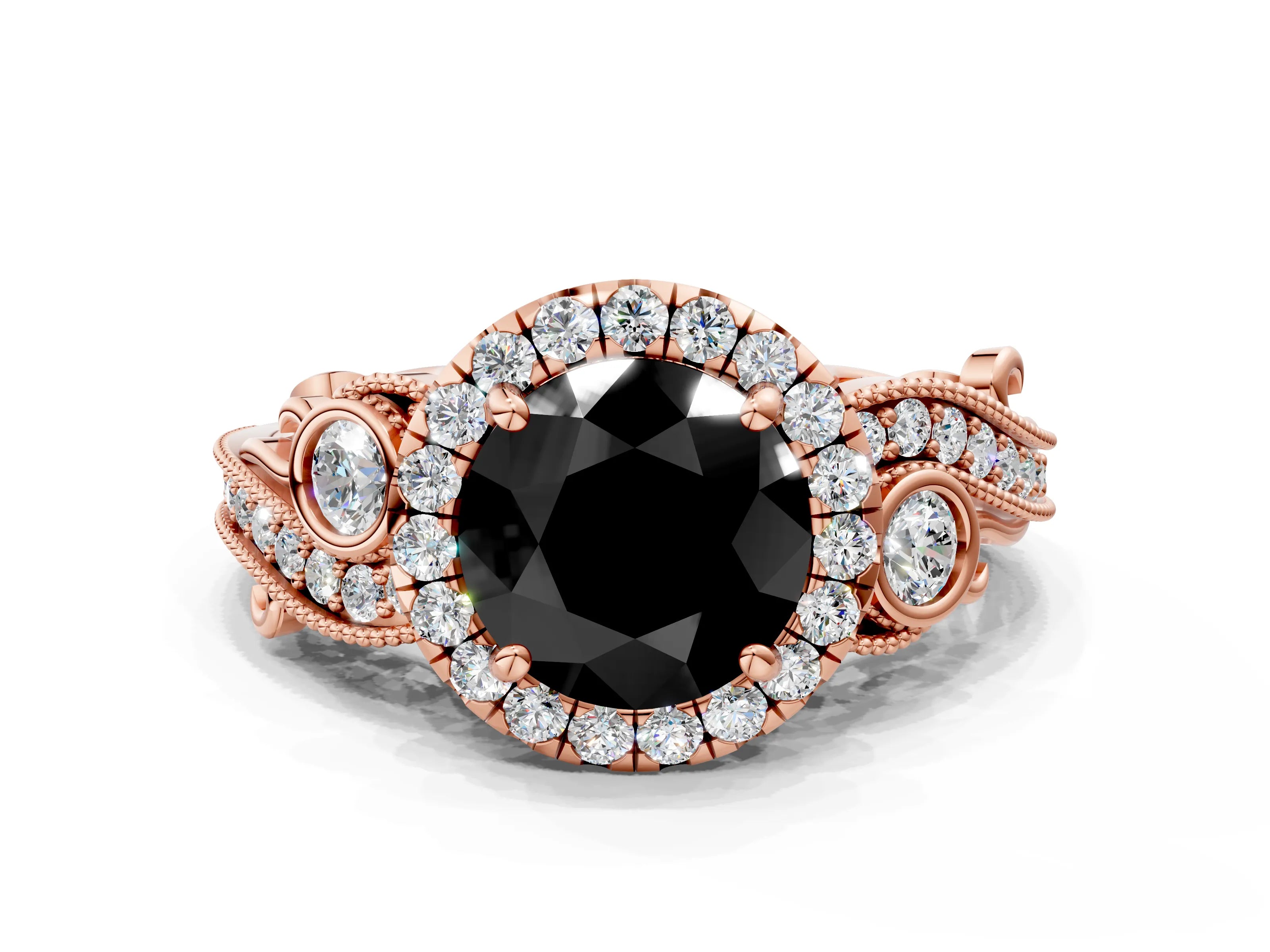 Rose gold Fancy Black Round Cut Halo Diamond Ring with Milgrain and Bezel Accents on a Split Shank Band