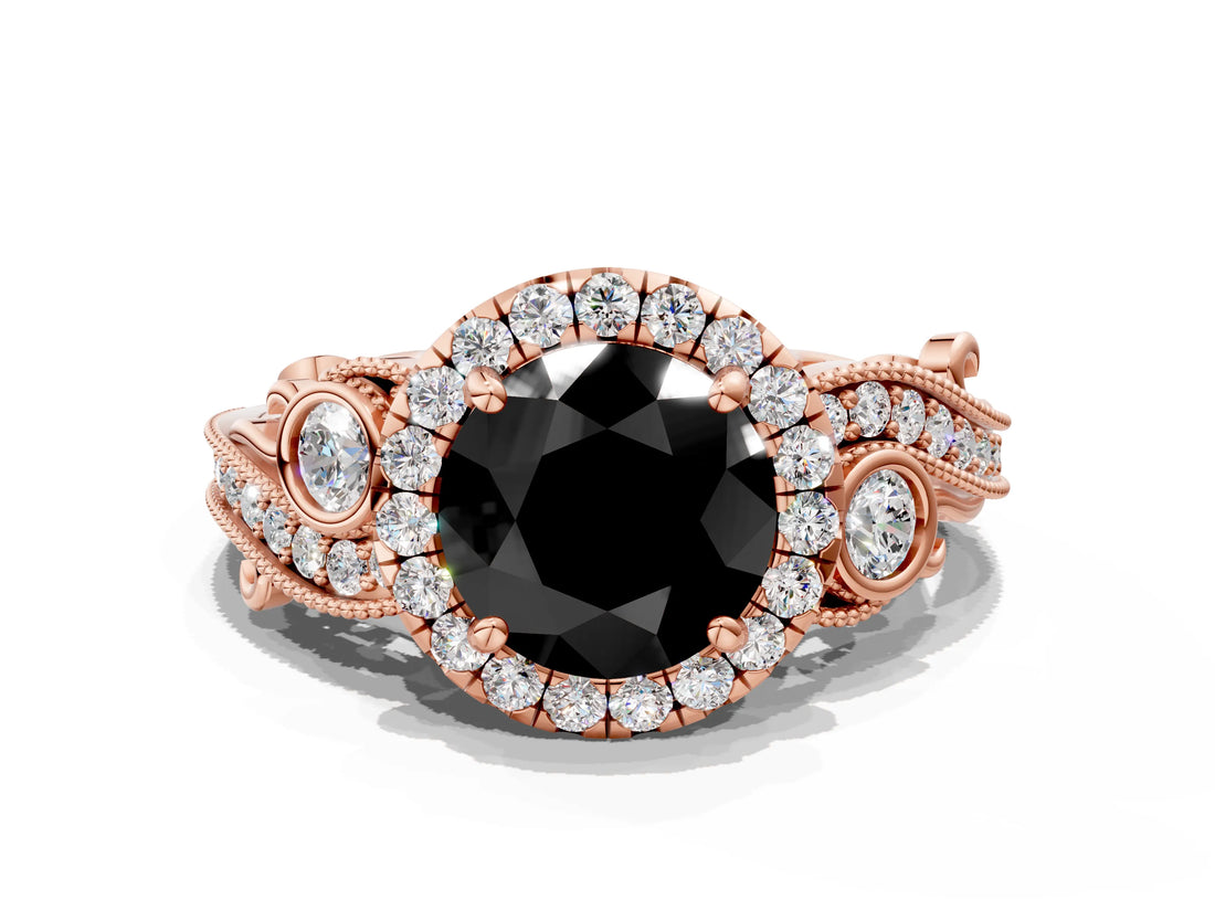 Rose gold Fancy Black Round Cut Halo Diamond Ring with Milgrain and Bezel Accents on a Split Shank Band_12