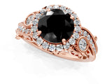 Rose gold Fancy Black Round Cut Halo Diamond Ring with Milgrain and Bezel Accents on a Split Shank Band_13