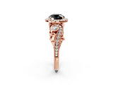 Rose gold Fancy Black Round Cut Halo Diamond Ring with Milgrain and Bezel Accents on a Split Shank Band_14