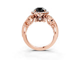 Rose gold Fancy Black Round Cut Halo Diamond Ring with Milgrain and Bezel Accents on a Split Shank Band_15