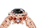 Rose gold Fancy Black Round Cut Halo Diamond Ring with Milgrain and Bezel Accents on a Split Shank Band_16