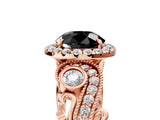 Rose gold Fancy Black Round Cut Halo Diamond Ring with Milgrain and Bezel Accents on a Split Shank Band_17