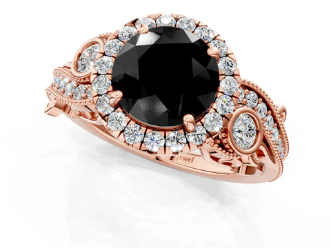 Rose gold Fancy Black Round Cut Halo Diamond Ring with Milgrain and Bezel Accents on a Split Shank Band_1
