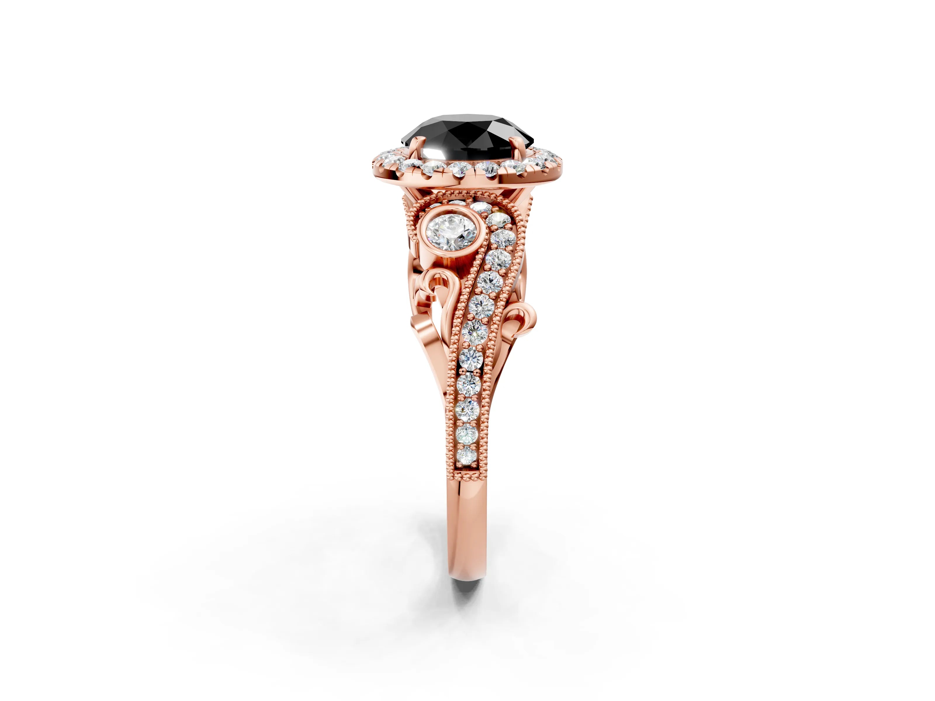 Rose gold Fancy Black Round Cut Halo Diamond Ring with Milgrain and Bezel Accents on a Split Shank Band_2