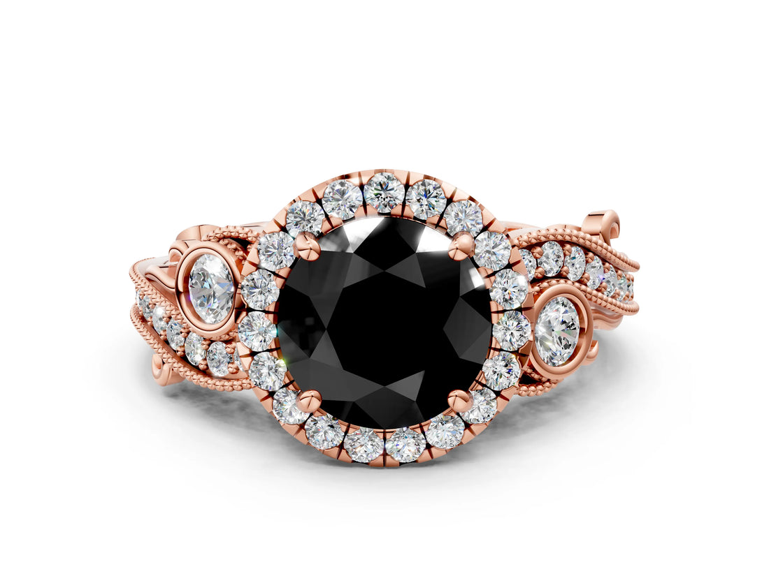 Rose gold Fancy Black Round Cut Halo Diamond Ring with Milgrain and Bezel Accents on a Split Shank Band_24