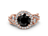 Rose gold Fancy Black Round Cut Halo Diamond Ring with Milgrain and Bezel Accents on a Split Shank Band_24