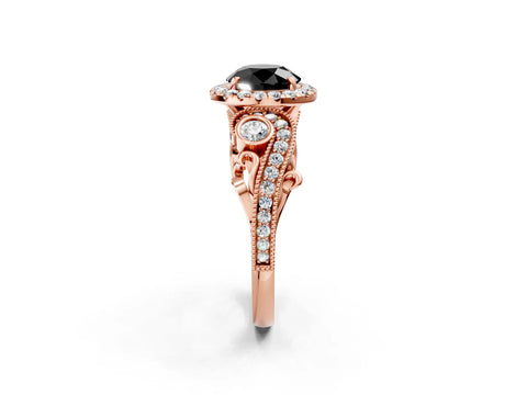 Rose gold Fancy Black Round Cut Halo Diamond Ring with Milgrain and Bezel Accents on a Split Shank Band_2