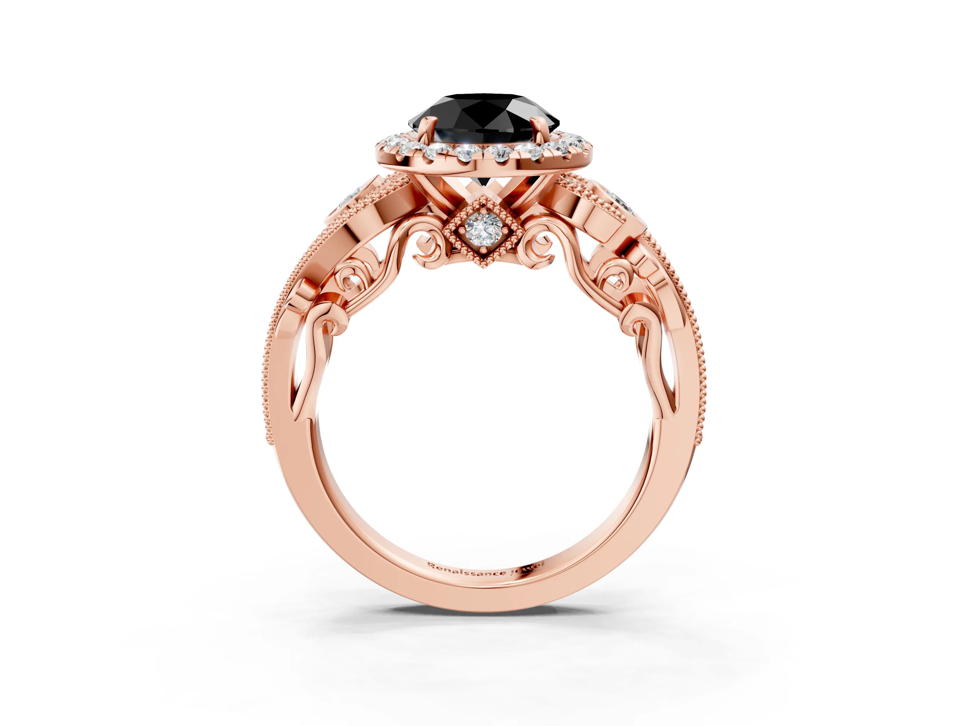 Rose gold Fancy Black Round Cut Halo Diamond Ring with Milgrain and Bezel Accents on a Split Shank Band_3
